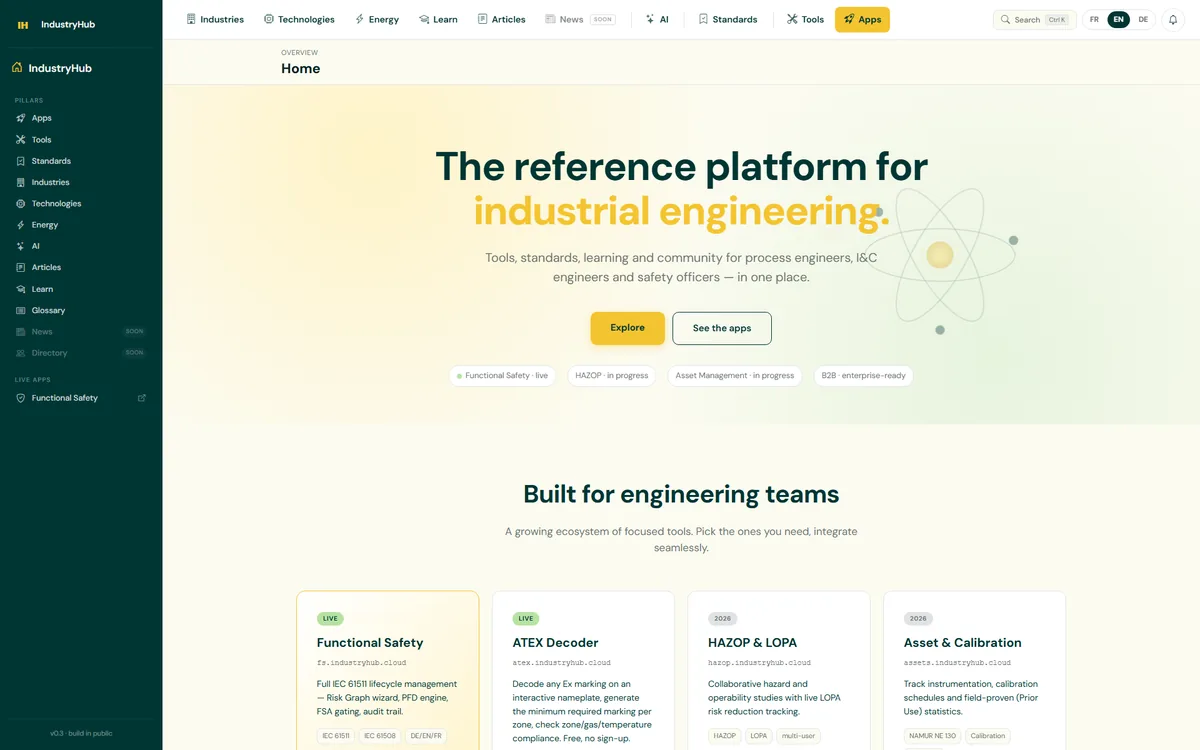 IndustryHub home page, the reference platform for industrial engineering