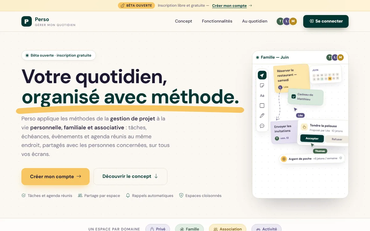 Page d'accueil de perso.live : votre quotidien, organisé avec méthode