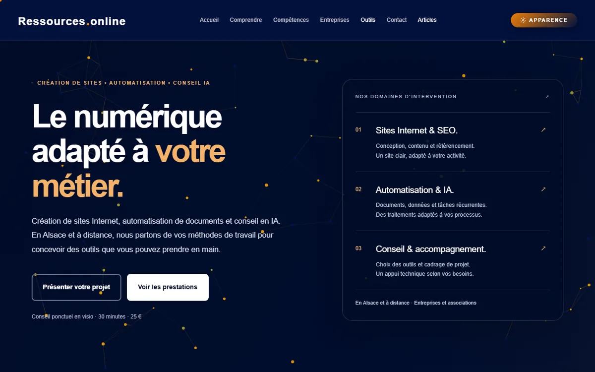 Page d'accueil de ressources.online : le numérique adapté à votre métier