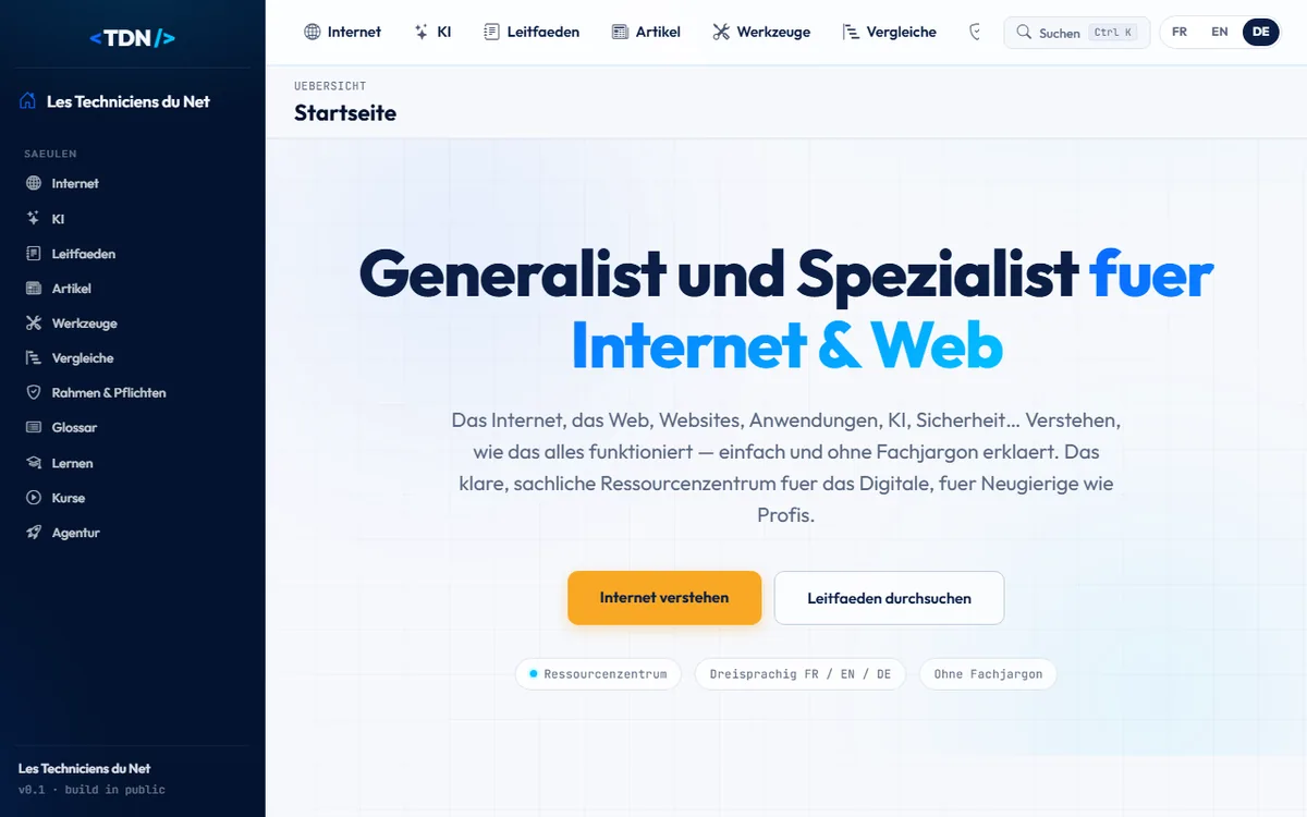 Startseite von techniciens-du-net.com, dem Ressourcenzentrum für Internet und Digitales