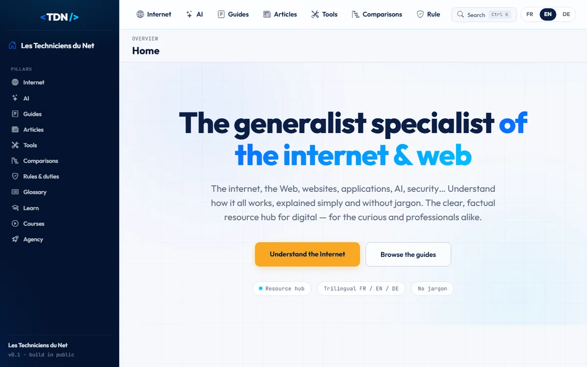 Home page of techniciens-du-net.com, the resource hub for the internet and digital
